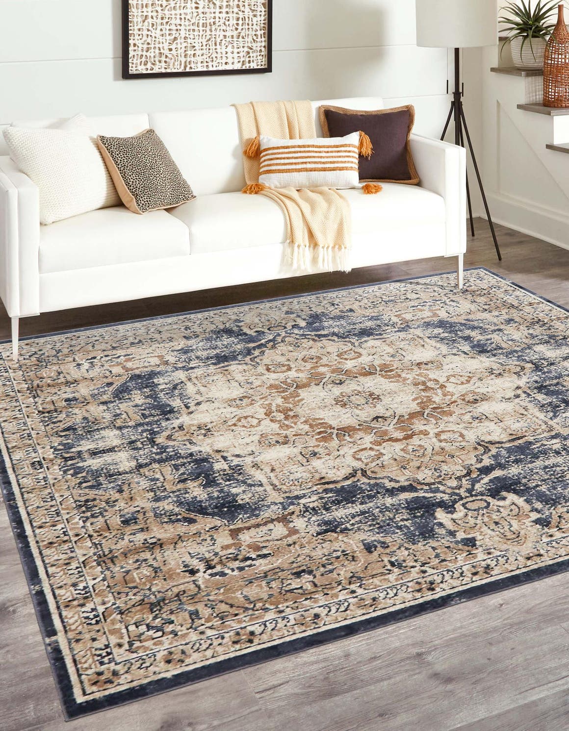 Dark Blue 7' 1 x 7' 1 Chateau Square Area Rug 85% Polypropylene & 15% Chenille With Cotton Backing Traditional Vintage Distressed Carpet for Classical Interior Design Decorating for Sale at Rug Engine