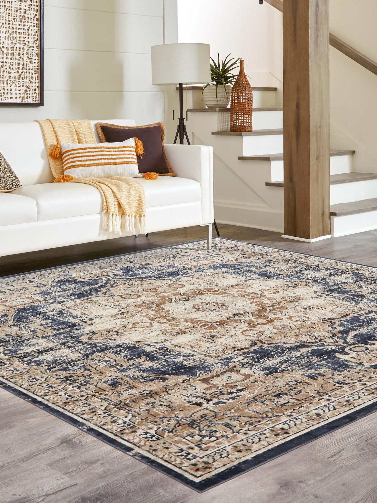 Dark Blue 6' 1 x 6' 1 Chateau Square Area Rug 85% Polypropylene & 15% Chenille With Cotton Backing Traditional Vintage Distressed Carpet for Classical Interior Design Decorating for Sale at Rug Engine