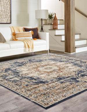 Dark Blue 7' 10 x 7' 10 Chateau Square Area Rug 85% Polypropylene & 15% Chenille With Cotton Backing Traditional Vintage Distressed Carpet for Classical Interior Design Decorating for Sale at Rug Engine