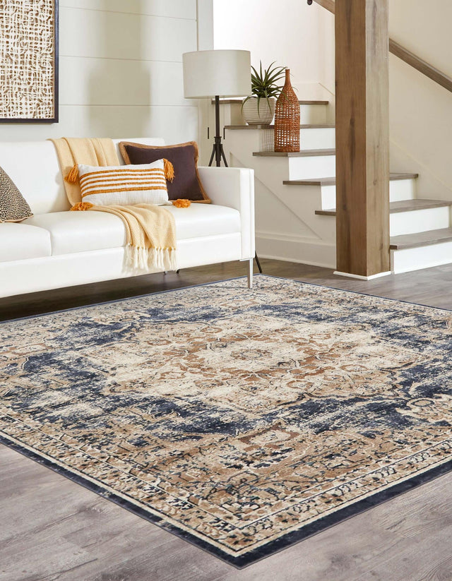 Dark Blue 7' 10 x 7' 10 Chateau Square Area Rug 85% Polypropylene & 15% Chenille With Cotton Backing Traditional Vintage Distressed Carpet for Classical Interior Design Decorating for Sale at Rug Engine