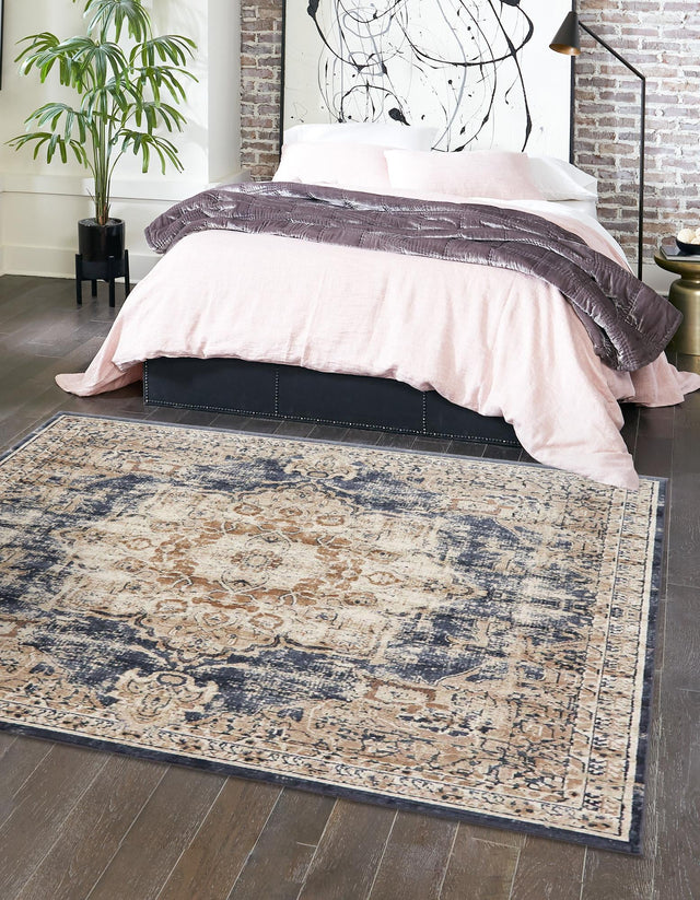 Dark Blue 6' 1 x 6' 1 Chateau Square Area Rug 85% Polypropylene & 15% Chenille With Cotton Backing Traditional Vintage Distressed Carpet for Classical Interior Design Decorating for Sale at Rug Engine
