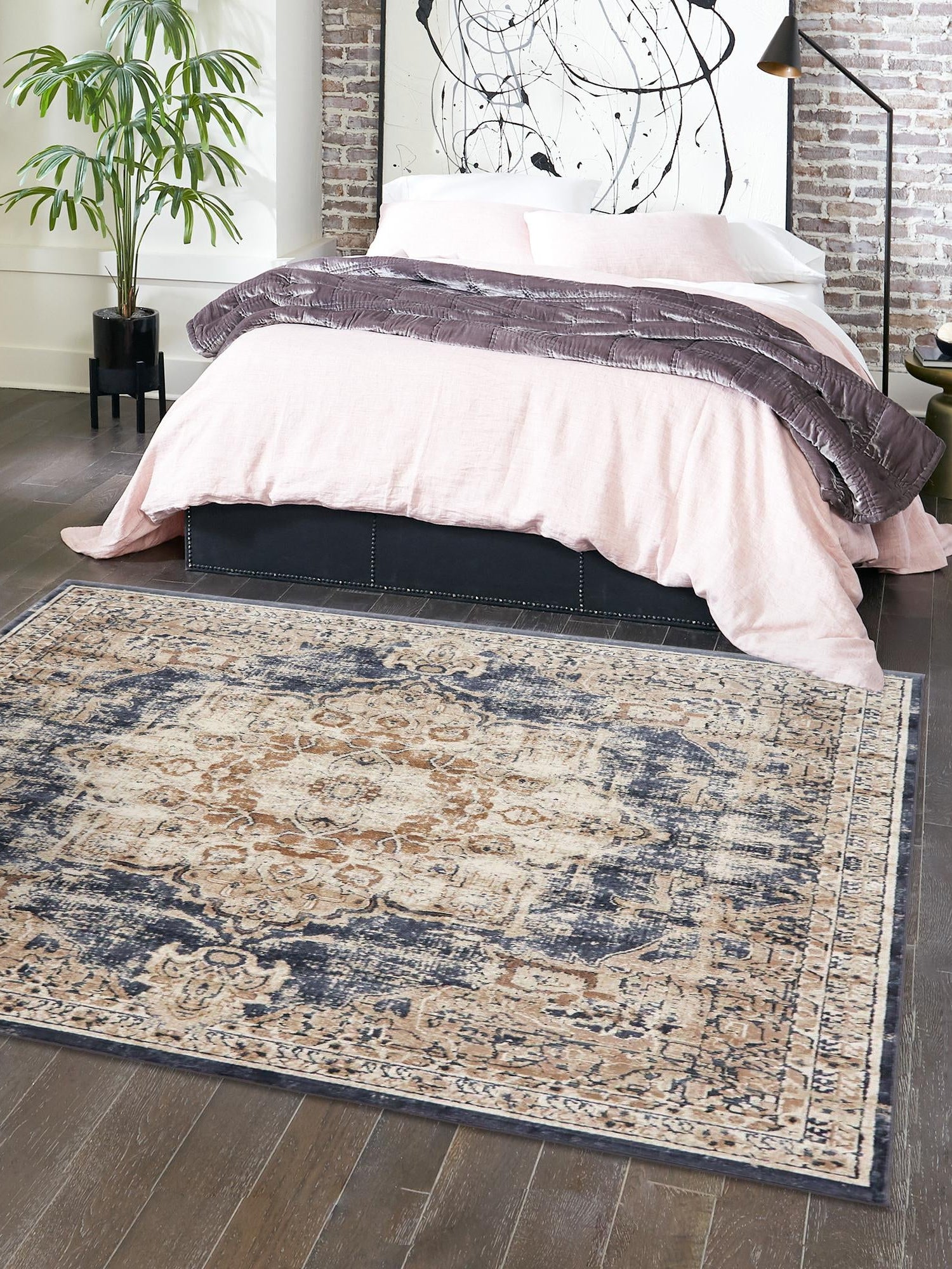 Dark Blue 7' 10 x 7' 10 Chateau Square Area Rug 85% Polypropylene & 15% Chenille With Cotton Backing Traditional Vintage Distressed Carpet for Classical Interior Design Decorating for Sale at Rug Engine