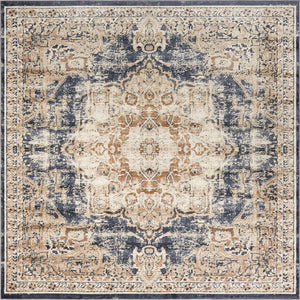 Dark Blue 7' 1 x 7' 1 Chateau Square Area Rug 85% Polypropylene & 15% Chenille With Cotton Backing Traditional Vintage Distressed Carpet for Classical Interior Design Decorating for Sale at Rug Engine