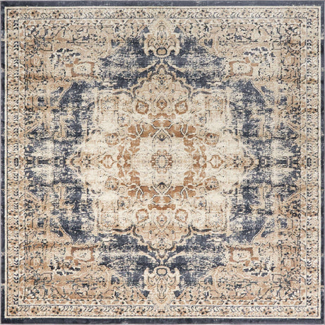 Dark Blue 7' 1 x 7' 1 Chateau Square Area Rug 85% Polypropylene & 15% Chenille With Cotton Backing Traditional Vintage Distressed Carpet for Classical Interior Design Decorating for Sale at Rug Engine