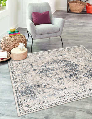 Dark Blue 6' 9 x 7' 1 Chateau Square Area Rug 85% Polypropylene & 15% Chenille With Cotton Backing Traditional Vintage Distressed Carpet for Classical Interior Design Decorating for Sale at Rug Engine