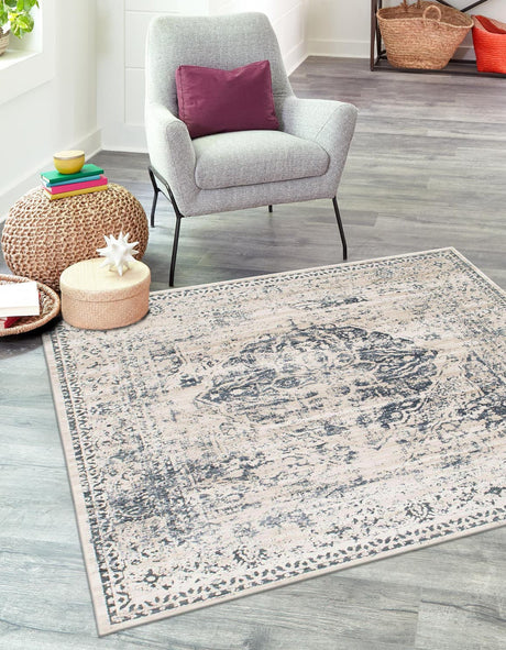 Dark Blue 6' 1 x 6' 1 Chateau Square Area Rug 85% Polypropylene & 15% Chenille With Cotton Backing Traditional Vintage Distressed Carpet for Classical Interior Design Decorating for Sale at Rug Engine