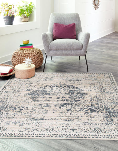 Dark Blue 7' 10 x 7' 10 Chateau Square Area Rug 85% Polypropylene & 15% Chenille With Cotton Backing Traditional Vintage Distressed Carpet for Classical Interior Design Decorating for Sale at Rug Engine