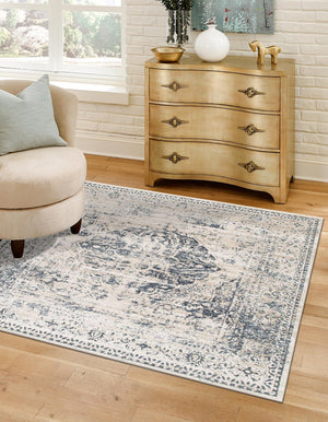 Dark Blue 6' 9 x 7' 1 Chateau Square Area Rug 85% Polypropylene & 15% Chenille With Cotton Backing Traditional Vintage Distressed Carpet for Classical Interior Design Decorating for Sale at Rug Engine