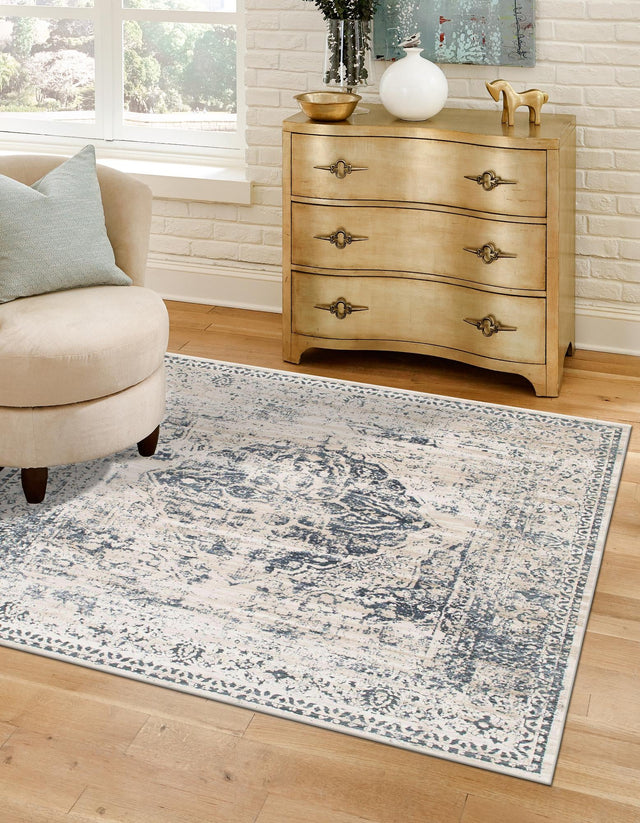 Dark Blue 6' 9 x 7' 1 Chateau Square Area Rug 85% Polypropylene & 15% Chenille With Cotton Backing Traditional Vintage Distressed Carpet for Classical Interior Design Decorating for Sale at Rug Engine