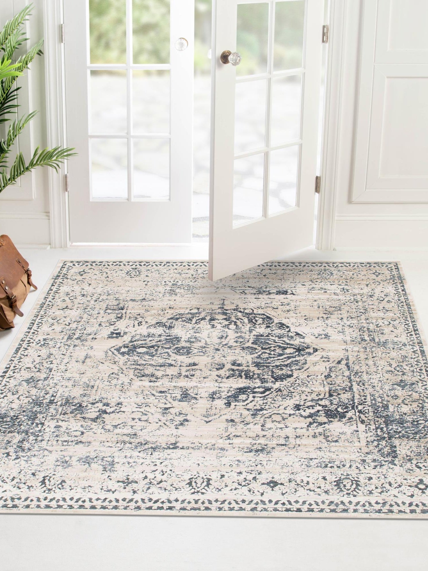 Dark Blue 7' 10 x 7' 10 Chateau Square Area Rug 85% Polypropylene & 15% Chenille With Cotton Backing Traditional Vintage Distressed Carpet for Classical Interior Design Decorating for Sale at Rug Engine