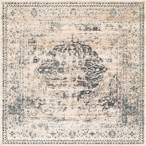 Dark Blue 6' 9 x 7' 1 Chateau Square Area Rug 85% Polypropylene & 15% Chenille With Cotton Backing Traditional Vintage Distressed Carpet for Classical Interior Design Decorating for Sale at Rug Engine