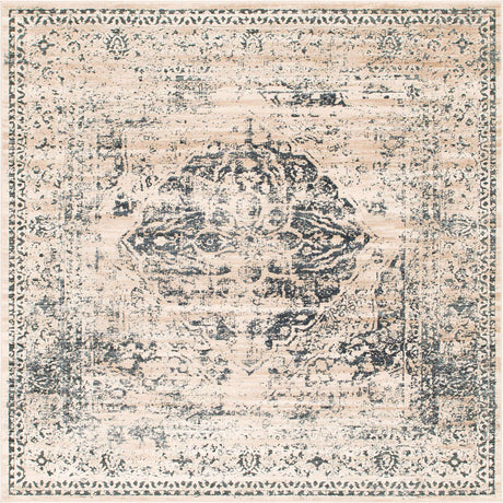 Dark Blue 6' 9 x 7' 1 Chateau Square Area Rug 85% Polypropylene & 15% Chenille With Cotton Backing Traditional Vintage Distressed Carpet for Classical Interior Design Decorating for Sale at Rug Engine
