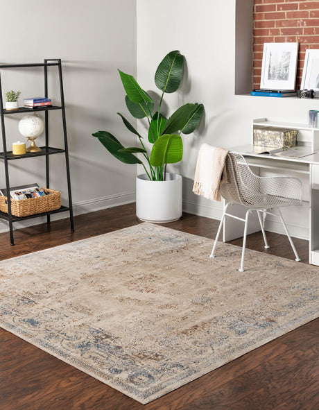 Blue Cream 7' 1 x 7' 1 Chateau Square Area Rug 85% Polypropylene & 15% Chenille With Cotton Backing Traditional Vintage Distressed Carpet for Classical Interior Design Decorating for Sale at Rug Engine