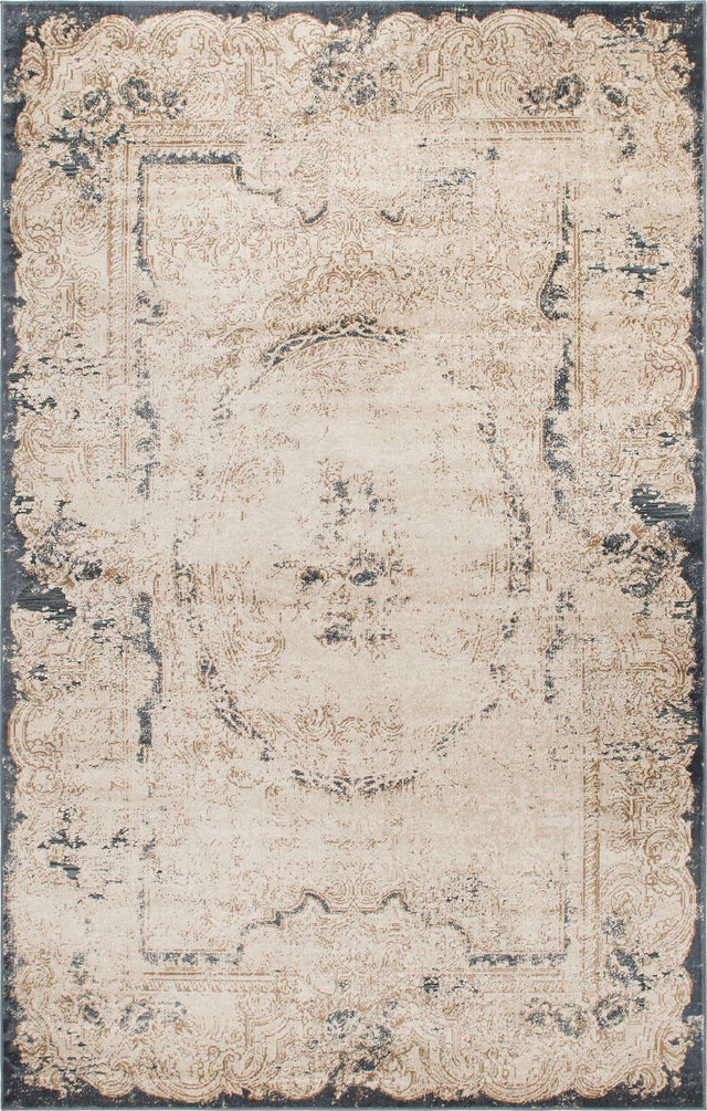Cream 6' 1 x 9' Chateau Rectangle Area Rug 85% Polypropylene & 15% Chenille With Cotton Backing Traditional Vintage Distressed Carpet for Classical Interior Design Decorating for Sale at Rug Engine