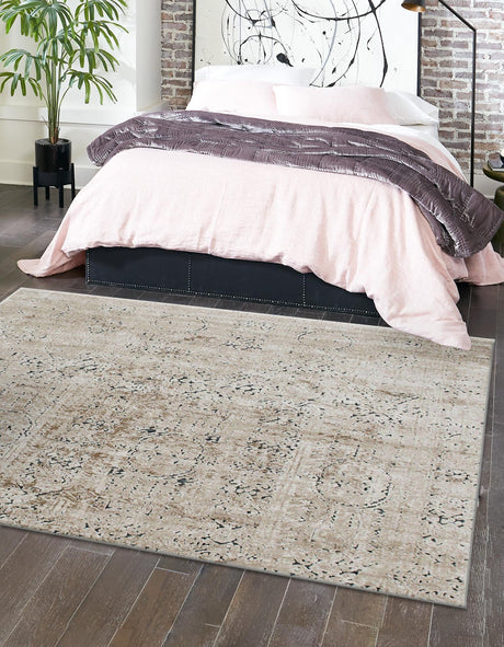 Beige 7' 1 x 7' 1 Chateau Square Area Rug 85% Polypropylene & 15% Chenille With Cotton Backing Traditional Vintage Distressed Carpet for Classical Interior Design Decorating for Sale at Rug Engine