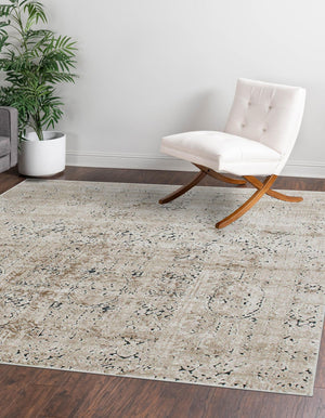 Beige 7' 1 x 7' 1 Chateau Square Area Rug 85% Polypropylene & 15% Chenille With Cotton Backing Traditional Vintage Distressed Carpet for Classical Interior Design Decorating for Sale at Rug Engine