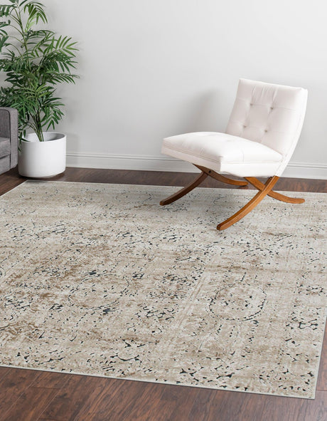 Beige 7' 1 x 7' 1 Chateau Square Area Rug 85% Polypropylene & 15% Chenille With Cotton Backing Traditional Vintage Distressed Carpet for Classical Interior Design Decorating for Sale at Rug Engine