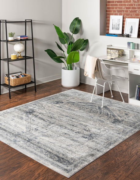 Dark Blue 7' 1 x 7' 1 Chateau Square Area Rug 85% Polypropylene & 15% Chenille With Cotton Backing Traditional Vintage Distressed Carpet for Classical Interior Design Decorating for Sale at Rug Engine