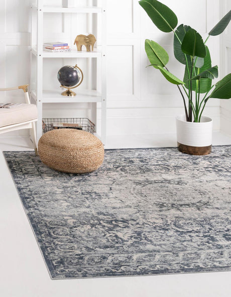 Dark Blue 7' 1 x 7' 1 Chateau Square Area Rug 85% Polypropylene & 15% Chenille With Cotton Backing Traditional Vintage Distressed Carpet for Classical Interior Design Decorating for Sale at Rug Engine