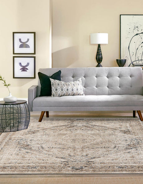 Beige 7' 1 x 7' 1 Chateau Square Area Rug 85% Polypropylene & 15% Chenille With Cotton Backing Traditional Vintage Distressed Carpet for Classical Interior Design Decorating for Sale at Rug Engine