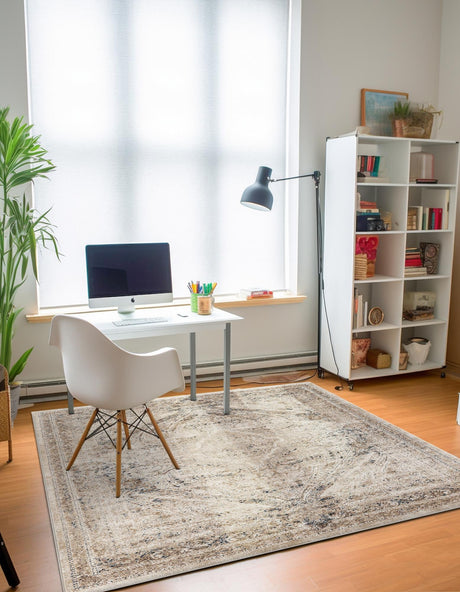 Beige 7' 1 x 7' 1 Chateau Square Area Rug 85% Polypropylene & 15% Chenille With Cotton Backing Traditional Vintage Distressed Carpet for Classical Interior Design Decorating for Sale at Rug Engine