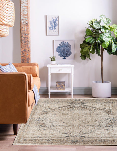 Beige 7' 1 x 7' 1 Chateau Square Area Rug 85% Polypropylene & 15% Chenille With Cotton Backing Traditional Vintage Distressed Carpet for Classical Interior Design Decorating for Sale at Rug Engine