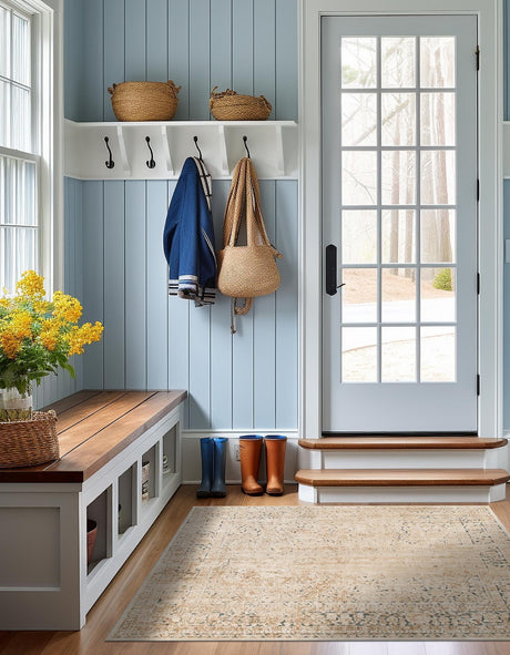 Beige 7' 1 x 7' 1 Chateau Square Area Rug 85% Polypropylene & 15% Chenille With Cotton Backing Traditional Vintage Distressed Carpet for Classical Interior Design Decorating for Sale at Rug Engine