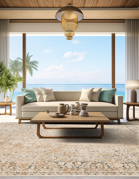 Beige 7' 1 x 7' 1 Chateau Square Area Rug 85% Polypropylene & 15% Chenille With Cotton Backing Traditional Vintage Distressed Carpet for Classical Interior Design Decorating for Sale at Rug Engine