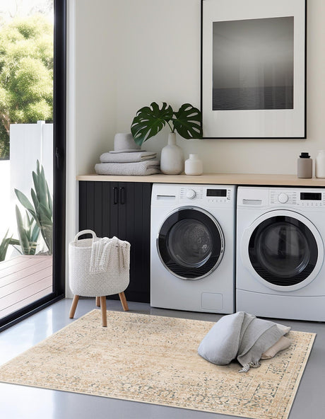 Beige 7' 1 x 7' 1 Chateau Square Area Rug 85% Polypropylene & 15% Chenille With Cotton Backing Traditional Vintage Distressed Carpet for Classical Interior Design Decorating for Sale at Rug Engine