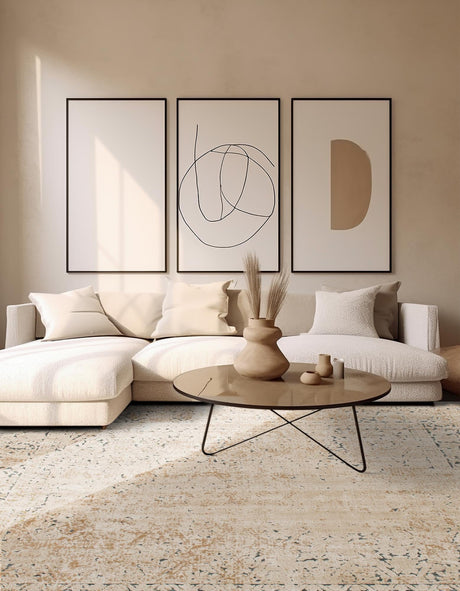 Beige 7' 1 x 7' 1 Chateau Square Area Rug 85% Polypropylene & 15% Chenille With Cotton Backing Traditional Vintage Distressed Carpet for Classical Interior Design Decorating for Sale at Rug Engine