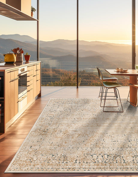 Beige 7' 1 x 7' 1 Chateau Square Area Rug 85% Polypropylene & 15% Chenille With Cotton Backing Traditional Vintage Distressed Carpet for Classical Interior Design Decorating for Sale at Rug Engine