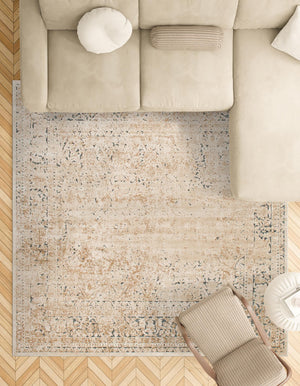 Beige 7' 1 x 7' 1 Chateau Square Area Rug 85% Polypropylene & 15% Chenille With Cotton Backing Traditional Vintage Distressed Carpet for Classical Interior Design Decorating for Sale at Rug Engine