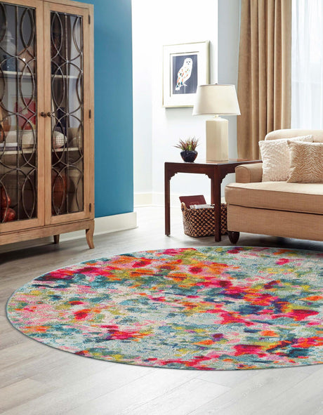 Multicolor 6' 1 x 6' 1 Chromatic Round Area Rug 100% Polypropylene With Cotton Backing Abstract Modern Colorful Carpet Mat for Home Decor & Interior Design for Sale at Rug Engine