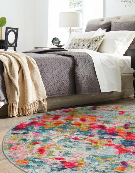 Multicolor 6' 1 x 6' 1 Chromatic Round Area Rug 100% Polypropylene With Cotton Backing Abstract Modern Colorful Carpet Mat for Home Decor & Interior Design for Sale at Rug Engine