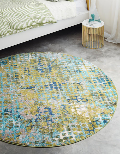 Blue Green 6' 1 x 6' 1 Chromatic Round Area Rug 100% Polypropylene With Cotton Backing Abstract Modern Colorful Carpet Mat for Home Decor & Interior Design for Sale at Rug Engine
