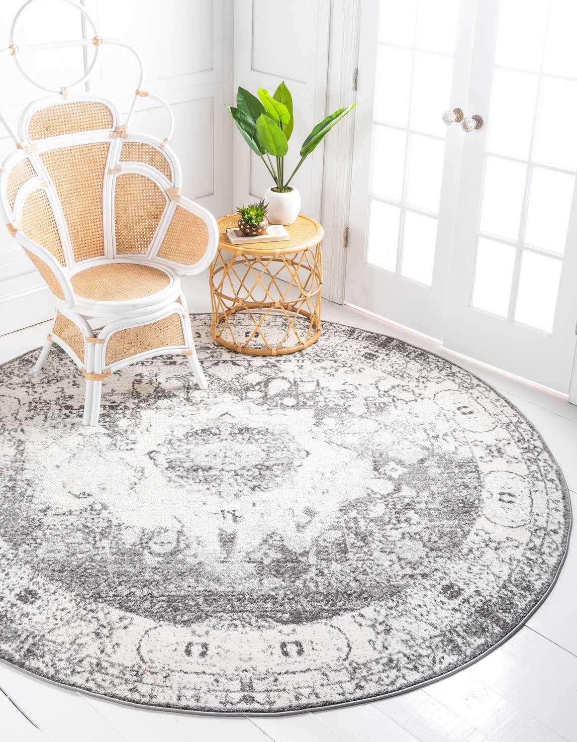 Gray 5' 3 x 5' 3 Rosso Round Area Rug Vintage Distressed Faded Traditional Design Carpet for Unique Home Interior Design for Sale at Rug Engine
