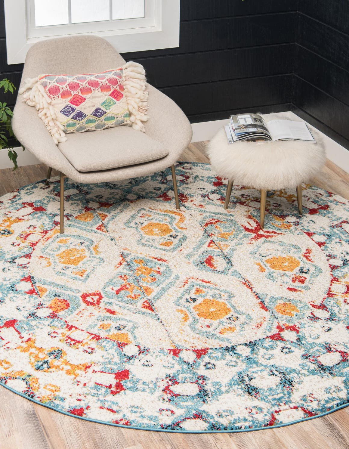 Multicolor 4' 1 x 4' 1 Rosso Round Area Rug Vintage Distressed Faded Traditional Design Carpet for Unique Home Interior Design for Sale at Rug Engine