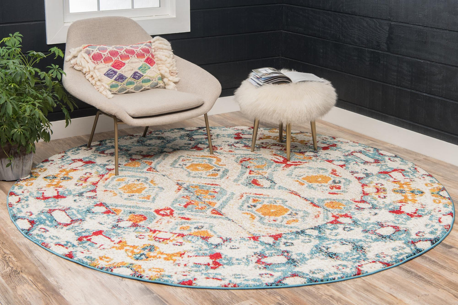 Multicolor 4' 1 x 4' 1 Rosso Round Area Rug Vintage Distressed Faded Traditional Design Carpet for Unique Home Interior Design for Sale at Rug Engine
