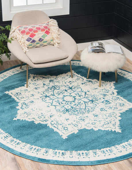 Blue 3' 3 x 3' 3 Rosso Round Area Rug Vintage Distressed Faded Traditional Design Carpet for Unique Home Interior Design for Sale at Rug Engine