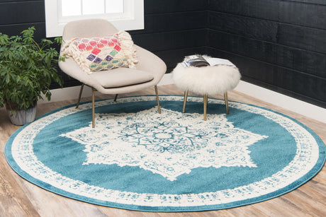 Blue 3' 3 x 3' 3 Rosso Round Area Rug Vintage Distressed Faded Traditional Design Carpet for Unique Home Interior Design for Sale at Rug Engine