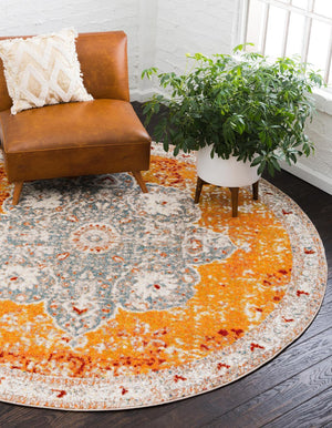Orange 8' x 8' Rosso Round Area Rug Vintage Distressed Faded Traditional Design Carpet for Unique Home Interior Design for Sale at Rug Engine