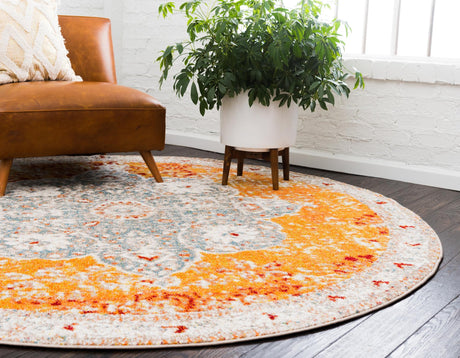 Orange 8' x 8' Rosso Round Area Rug Vintage Distressed Faded Traditional Design Carpet for Unique Home Interior Design for Sale at Rug Engine