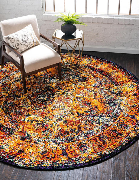 Orange 8' x 8' Rosso Round Area Rug Vintage Distressed Faded Traditional Design Carpet for Unique Home Interior Design for Sale at Rug Engine