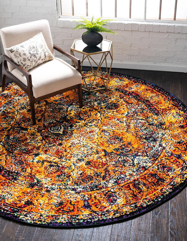 Orange 8' x 8' Rosso Round Area Rug Vintage Distressed Faded Traditional Design Carpet for Unique Home Interior Design for Sale at Rug Engine