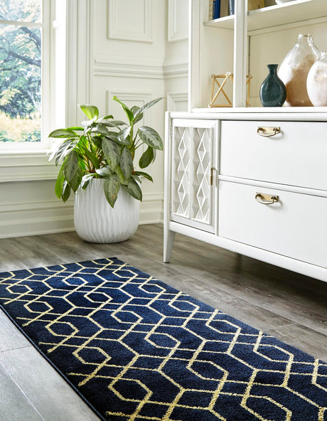 Navy Blue Gold 2' 7 x 12' Marilyn Monroe Glam Runner Area Rug 70% Polypropylene & 30% Polyester Vivid Geometric Modern Carpet for Interior Home Decor for Sale at Rug Engine