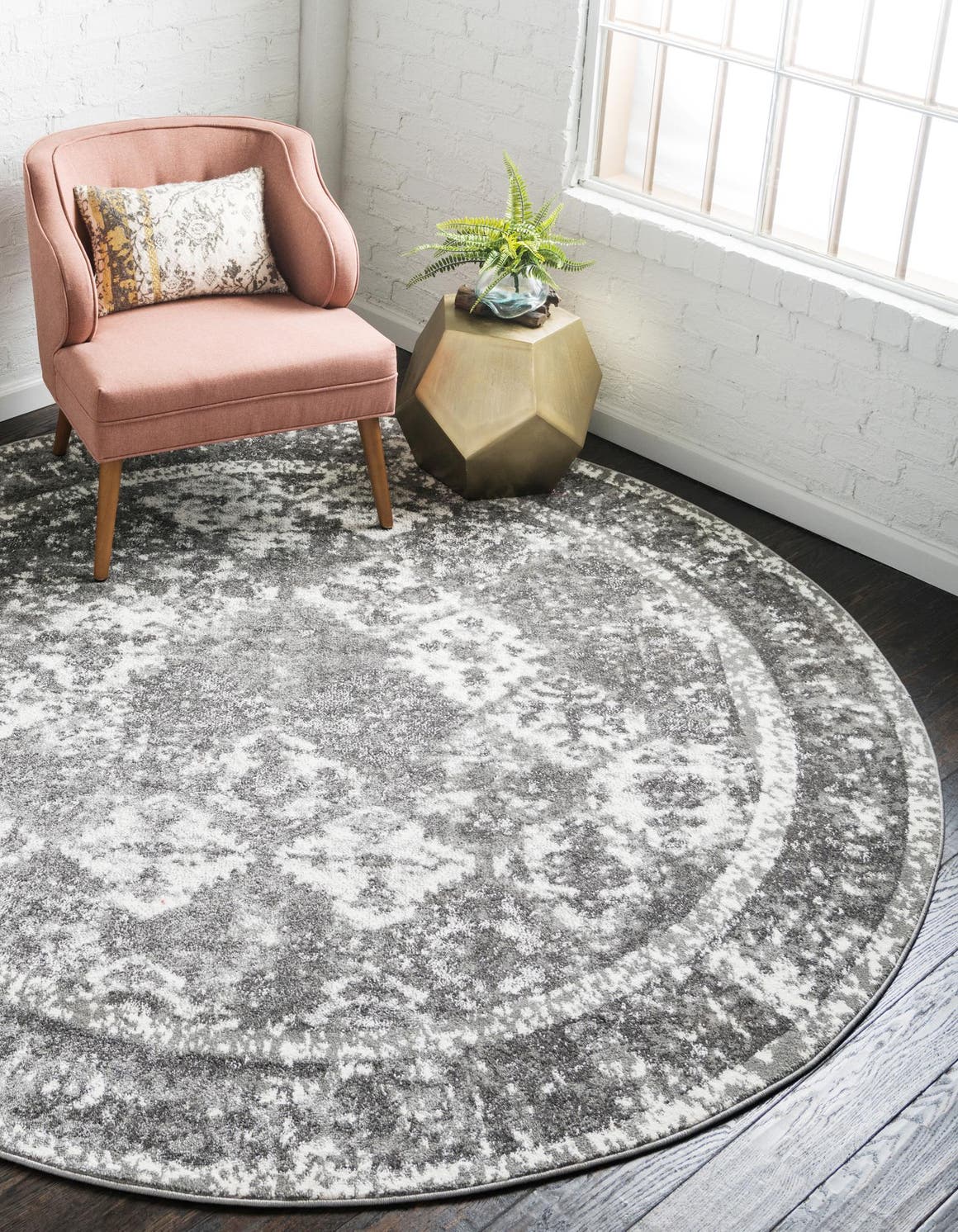 Gray 8' x 8' Rosso Round Area Rug Vintage Distressed Faded Traditional Design Carpet for Unique Home Interior Design for Sale at Rug Engine