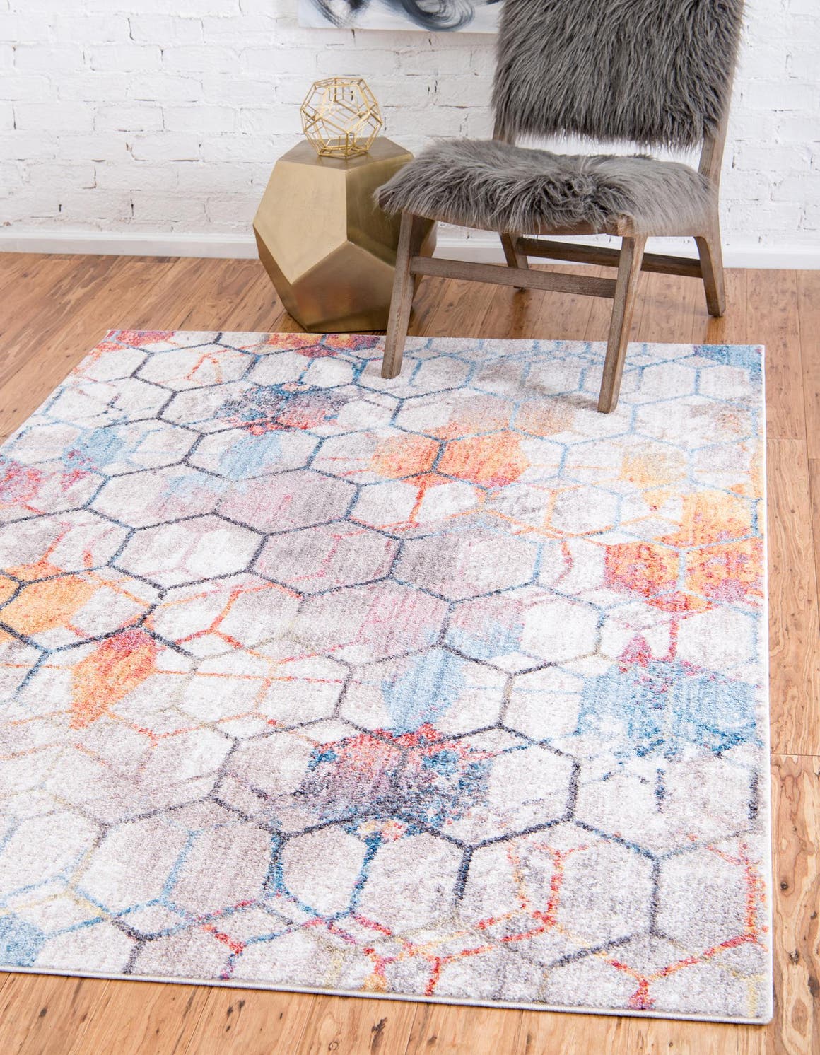 White 4' 1 x 6' 1 Rainbow Rectangle Area Rug Colorful Modern Unique Carpet for Living Rooms, Dining, Bedrooms, Office, Dorms for Sale at Rug Engine