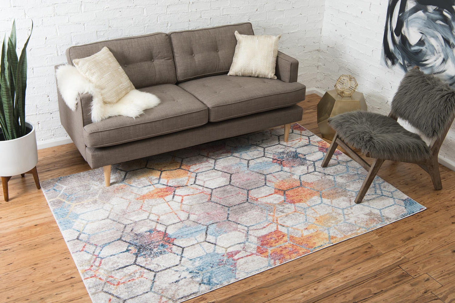 White 4' 1 x 6' 1 Rainbow Rectangle Area Rug Colorful Modern Unique Carpet for Living Rooms, Dining, Bedrooms, Office, Dorms for Sale at Rug Engine