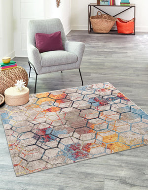White 8' x 8' Rainbow Square Area Rug Colorful Modern Unique Carpet for Living Rooms, Dining, Bedrooms, Office, Dorms for Sale at Rug Engine