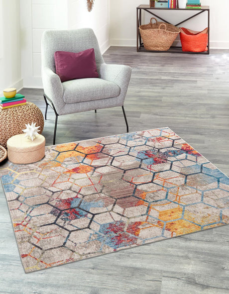 White 8' x 8' Rainbow Square Area Rug Colorful Modern Unique Carpet for Living Rooms, Dining, Bedrooms, Office, Dorms for Sale at Rug Engine